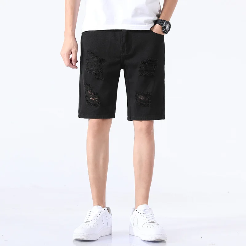 

Black White Jeans Men 2020 Summer New Trend Mid-pants Pants Solid Color Black White Pants Men Hole Straight Denim Shorts Mens