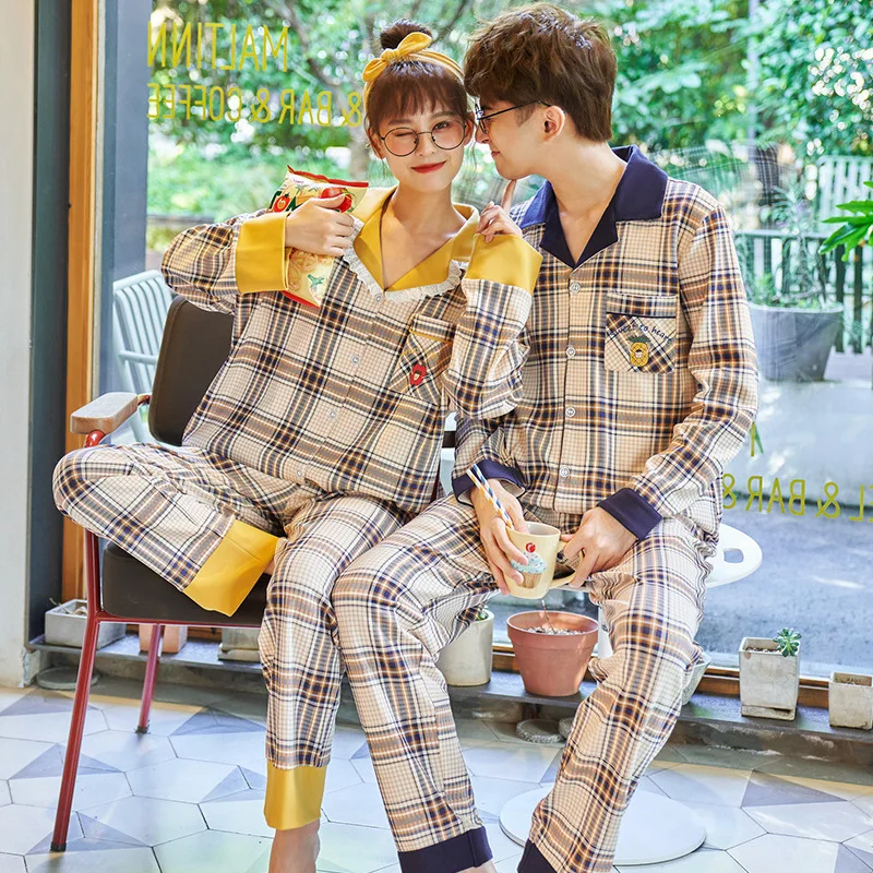 

Pajama Sets Cotton Couple Fashion Casual Plaid Long Sleeve Sleepwear Set Men Women Cozy Cotton Color-Blocking Lapel Home Clothes