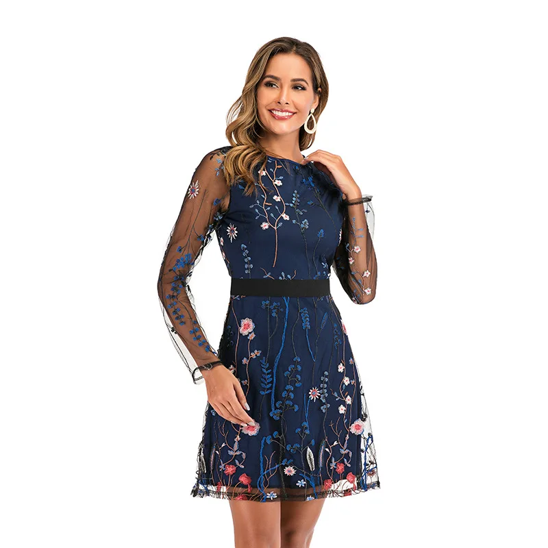 

Runway Lace Luxury Embroidered Mesh Dress Boho 2021 Summer Women Long Sleeve Flower Temperament Ruffles Office Party Midi Dress
