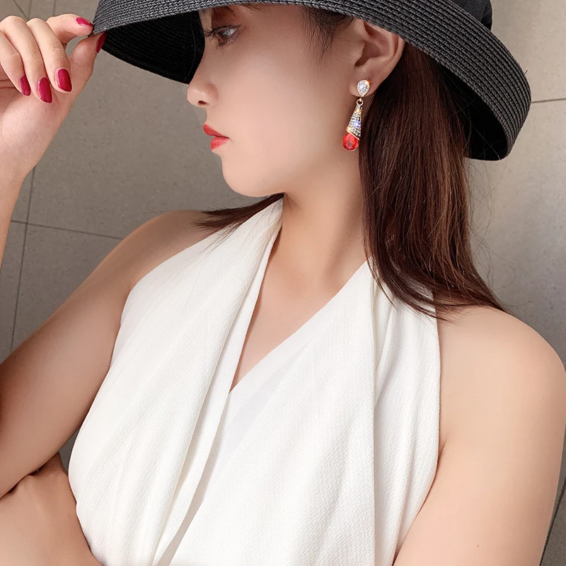 DREJEW синие красные циркониевые Стразы эффектные Висячие серьги корейские длинные