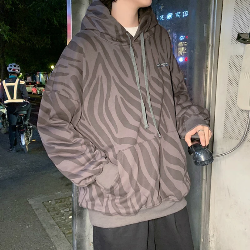 

With Hat Hoodies Men Zebra Pattern Plus Size 3XL Loose Autumn Winter Thicker Warm Fashion Mens Pullovers Hooded All-match Casual
