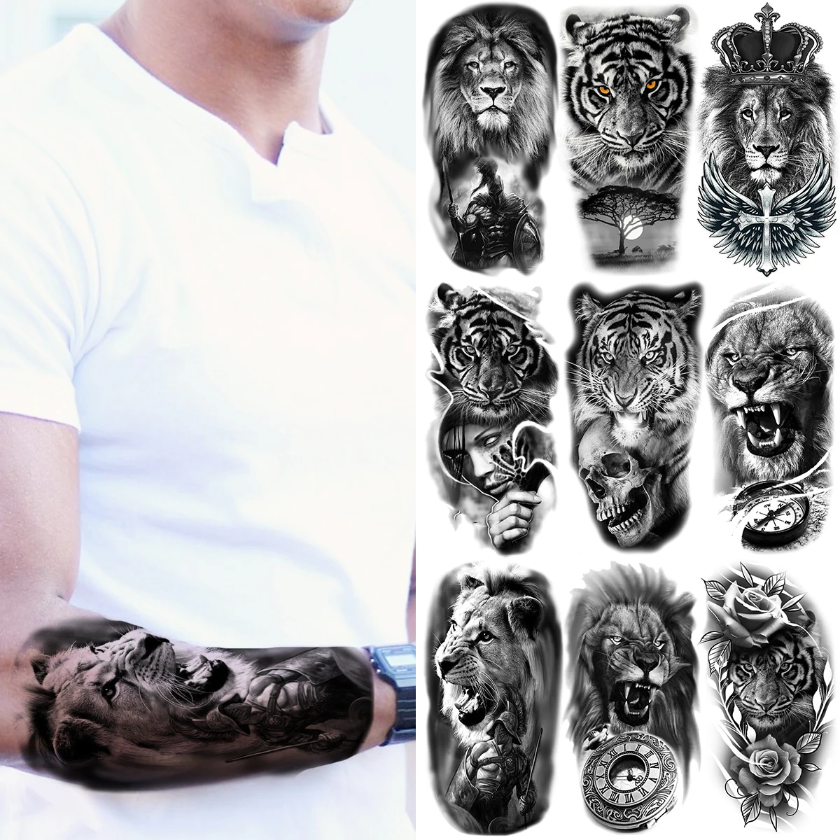 

Black Lion Temporary Tattoos For Women Adults Realistic Tiger Knight Skull Crown Compass Fake Tattoo Sticker Forearm Tatoos DIY