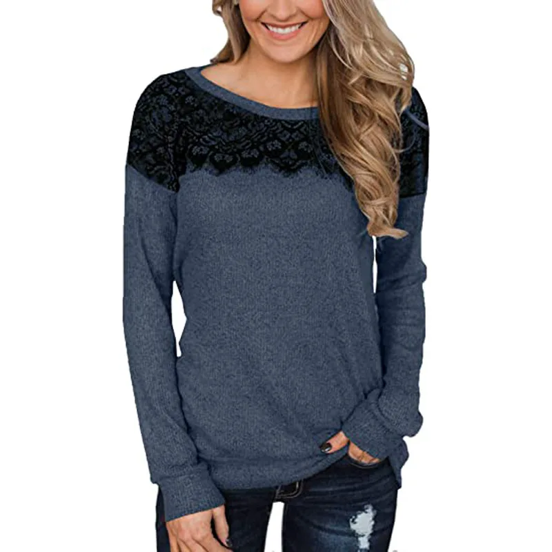 

Long Sleeve T-shirt 2020 European and American Fashion Women's Lace Stitching Solid Color 2020 Nian Autumn Cotton Round Neck