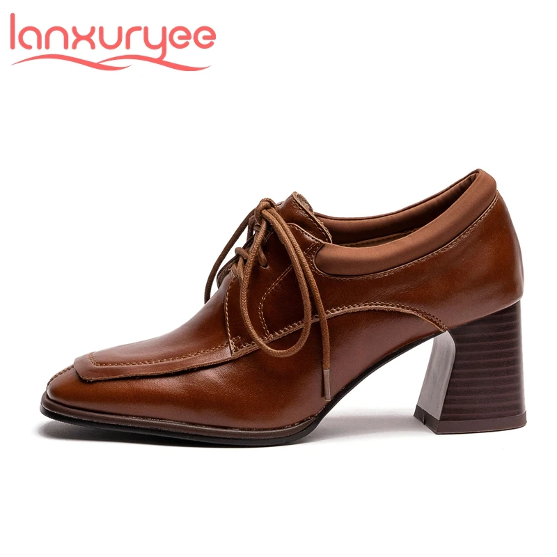 

Lanxuryee cozy gladiator cow leather square toe retro fashion thick high heels spring front lace up big size 40 women pumps l27