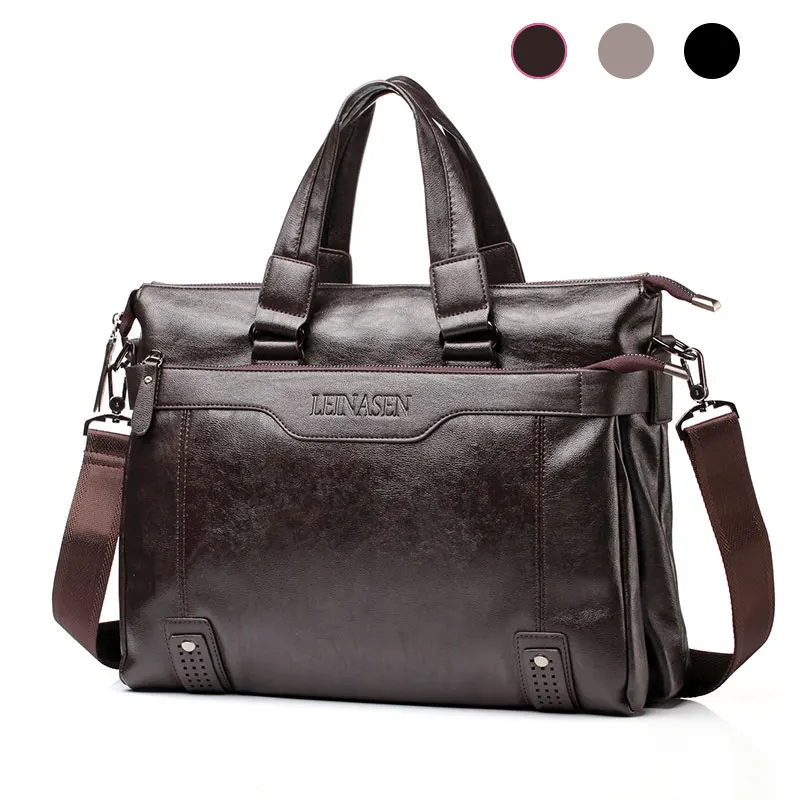 dark brown Мужской кожаный портфель из ПУ материала 15 дюймов Мужская сумка на плечо для мужчин сумки через плечо Модный деловой портфель сумка - Цвет: dark brown