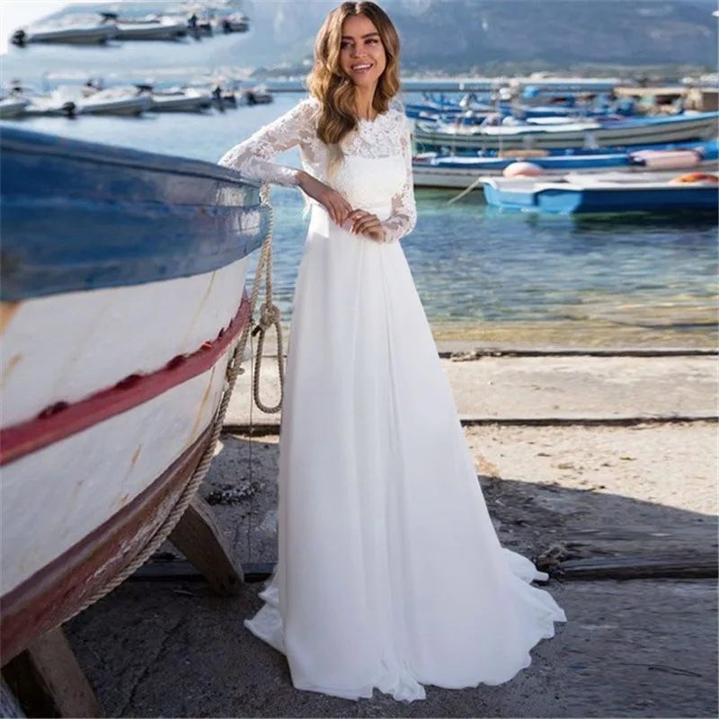 White Eightree vestido de noiva шифоновое свадебное платье с длинными рукавами и кружевной аппликацией, свадебное платье трапециевидной формы с глубоким вырезом, пляжные свадебные платья - Цвет: White