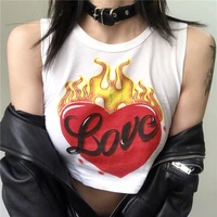 fashion vintage bare midriff tank top hot love flame printed womens sleeveless t shirt y2k hottie punk rock sexy crop top