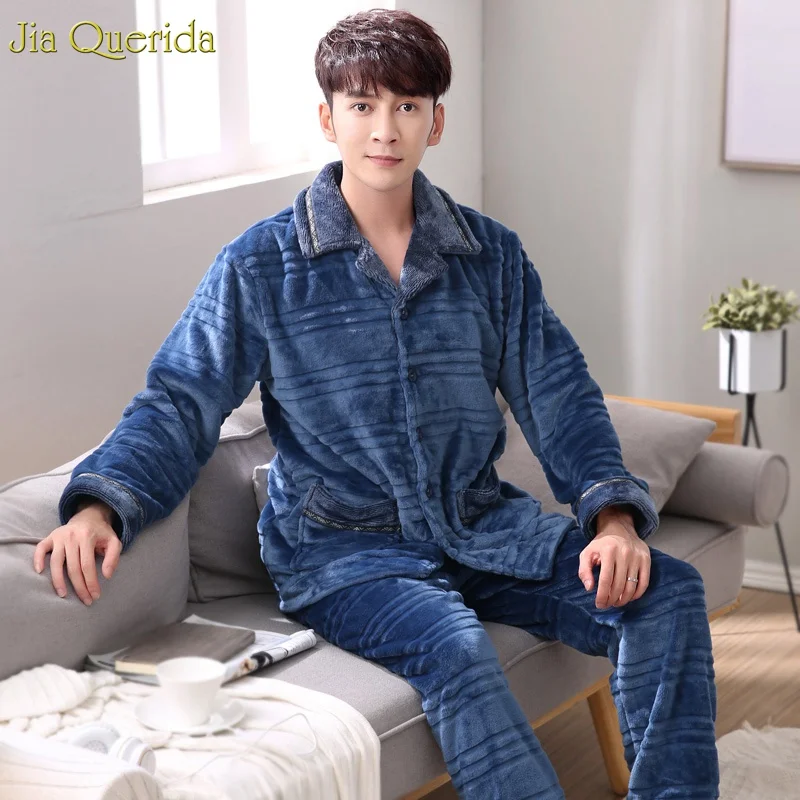 Новый Зимний пижамный комплект для мужчин темно синий кардиган на пуговицах