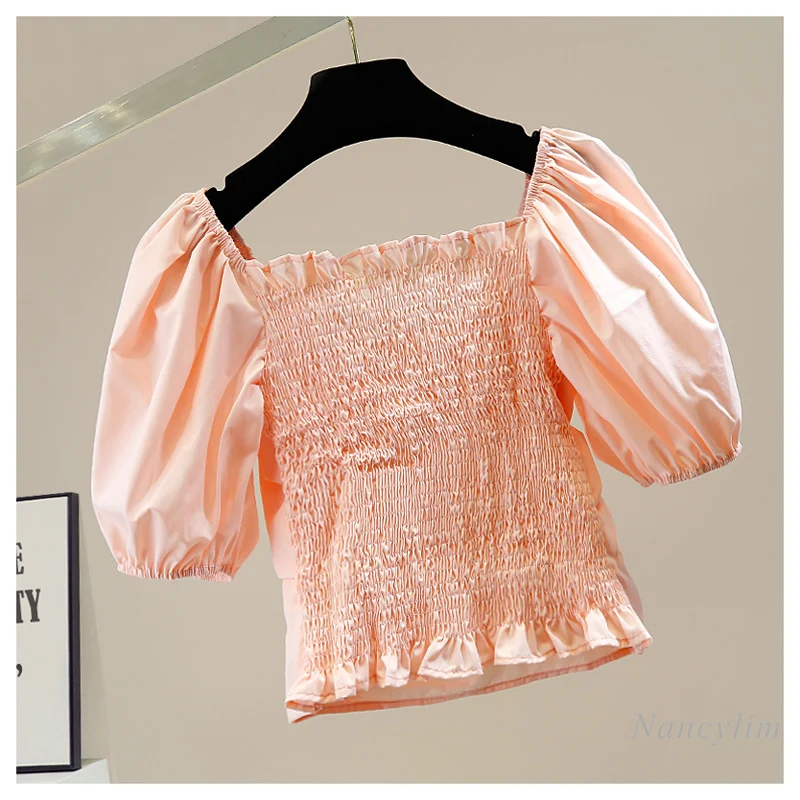 Perles de Diamant Arc Chemise femme Nouveau Manches Courtes Bouffantes Col en V Hors Épaule Slim Nombril Exposé Haut Court Dames Blouses