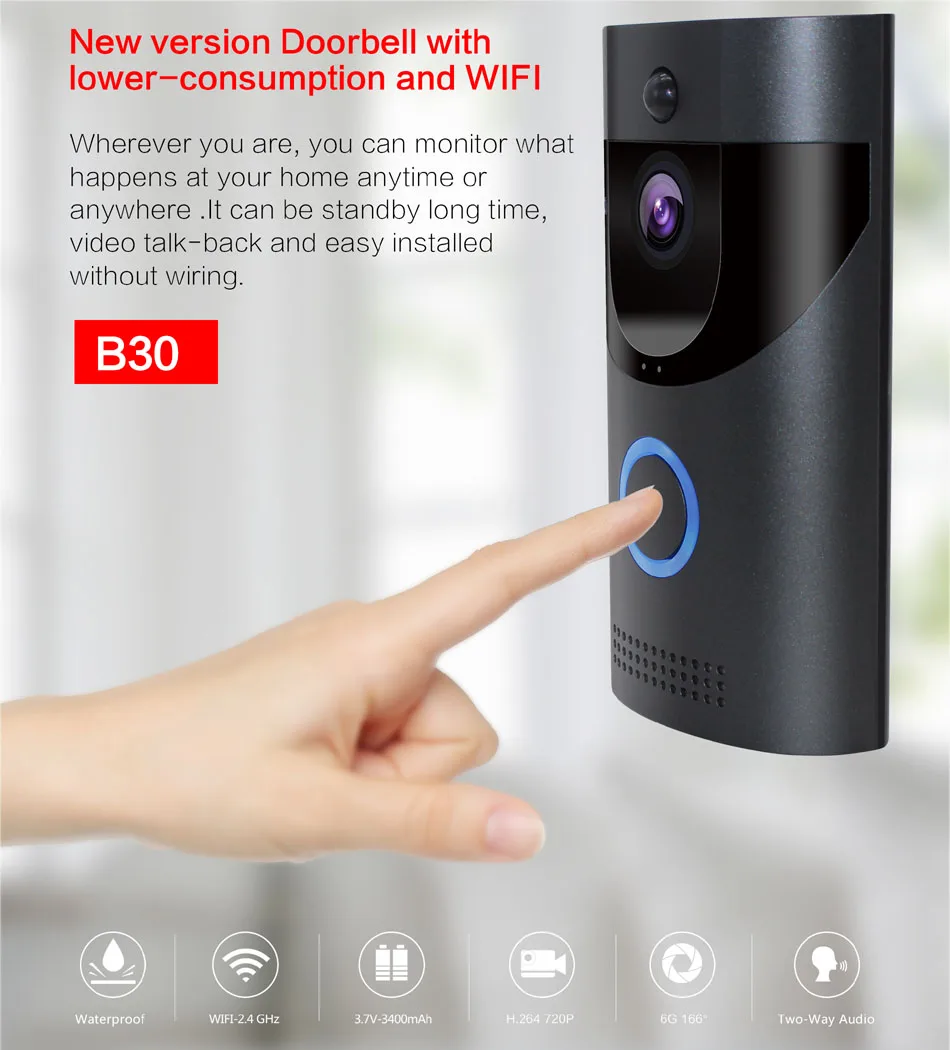 B30 720p wifi дверной звонок Водонепроницаемый умный видео дверной звонок wifi телефон пульт дистанционного управления беспроводной домофон PIR ИК камера ночного видения
