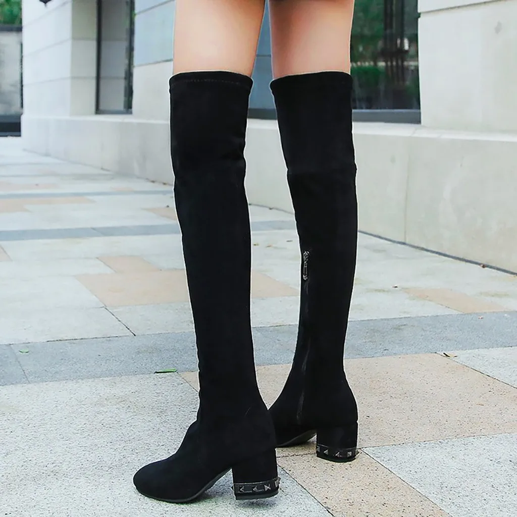 Женские привлекательные Сапоги выше колена модные зимние черные сапоги на