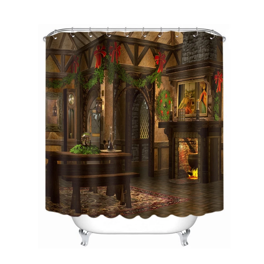 3d Christmas Shower Curtains Fireplace Cabin Pattern Waterproof Thickened Bath for Bathroom Customizable | Дом и сад