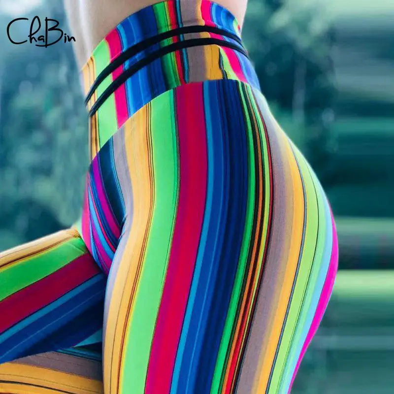 Women Yoga Pants Colorful Striped Print Sport Leggings Push Up Tights Gym Exercise High Waist Fitness Running Athletic Trousers | Спорт и