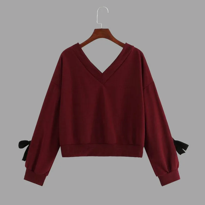 Fashion Sweatshirts Women Sexy V-Neck Bowknot 2019 New Autumn Casual Solid Color Long Sleeve Pullovers Loose Slim Fit Sweatshirt | Женская