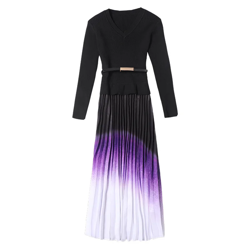 

Sweater Dress 2020 Autumn Winter Fashion Style Women V-Neck Purple Orange Color Printed Patchwork Mid-Calf Length Pleated Dress