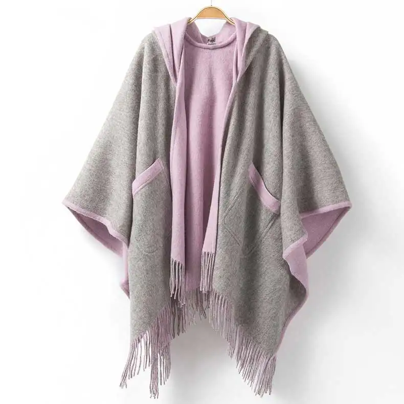 No. 4 gray pink Шерстяное пончо с капюшоном и кисточками для женщин, женские шарфы, зима, шерстяной шарф, накидка, накидка, шаль 135*155 см, 670 г - Цвет: No. 4 gray pink