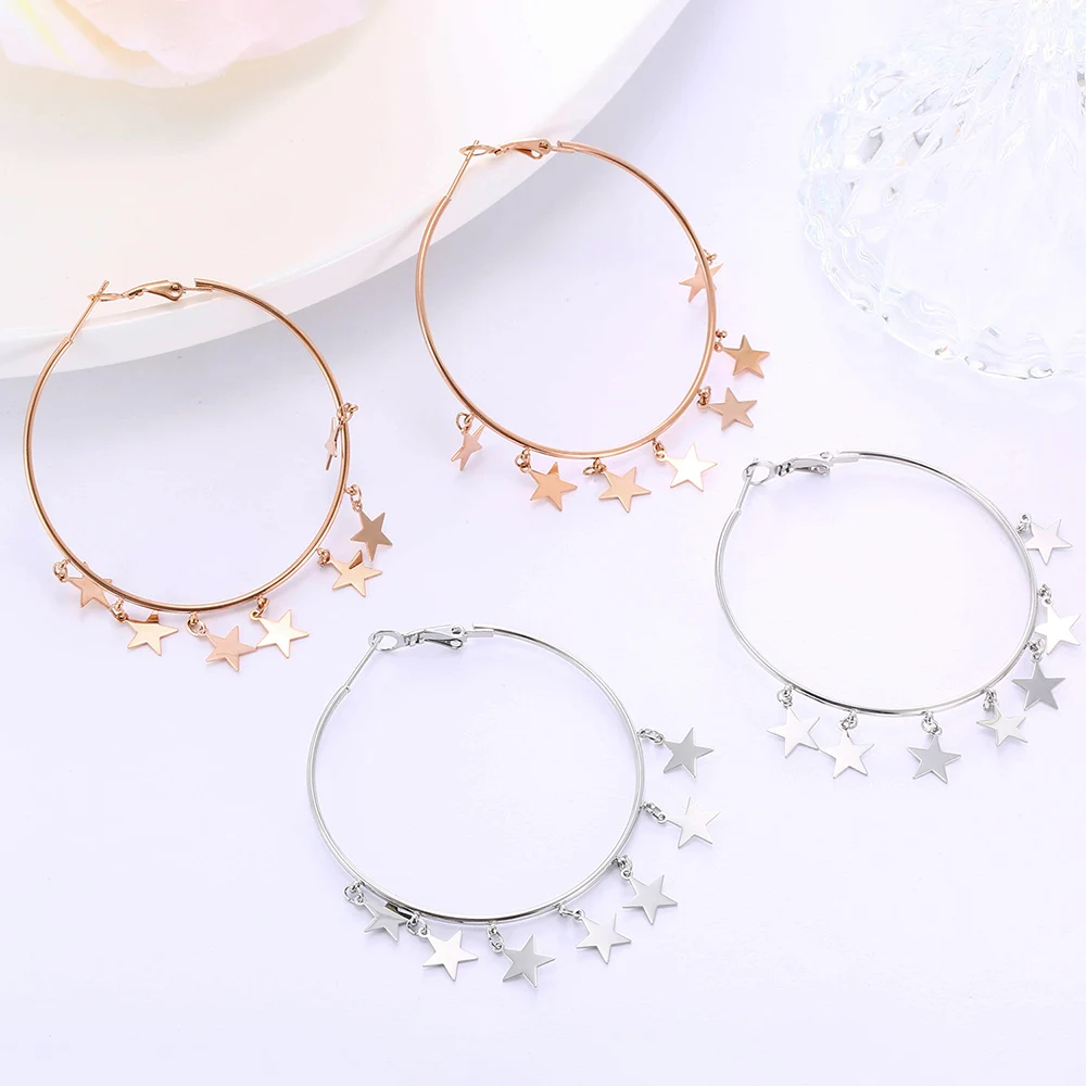 

Trendy Stainless Steel Star Drop Earrings for Women Sliver Tassel Hoop Earring Girl Valentine Day Gfit Statement Jewelry