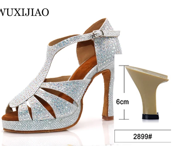 heel 6cm WUXIJIAO/Новинка; женская серебряная танцевальная обувь со стразами; обувь для сальсы; Обувь для бальных танцев; широкий каблук 10 см - Цвет: heel 6cm