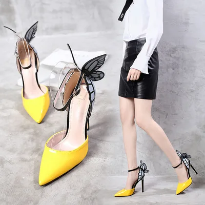 

2021 spring, summer and autumn new fashion all-match color matching butterfly stiletto pointed toe large size with heel shoes