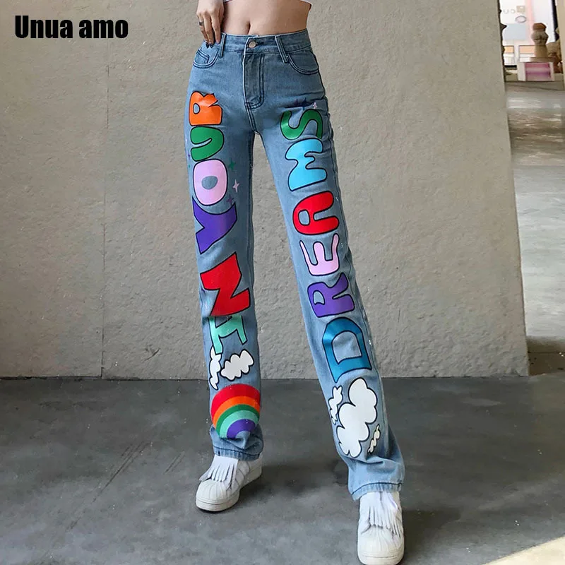 Unua amo Colored Letter Print Baggy Jeans Woman Stylish Casual Straight Pants Female Streetwear Personality Wild Denim Trousers