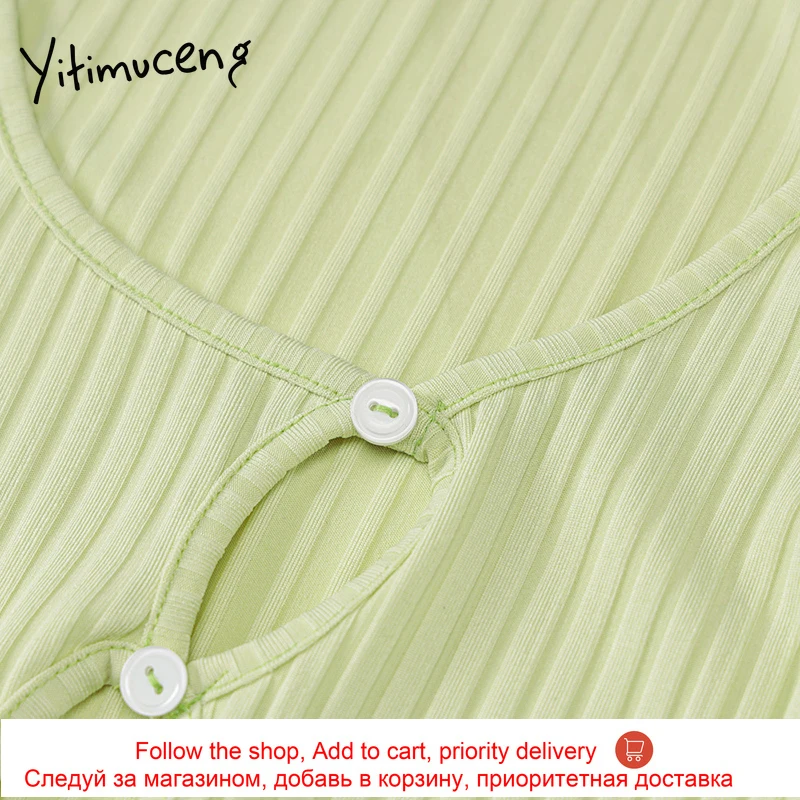 

Yitimuceng Knitwear Green Dress Women Cut Out Party Dress Sexy Skinny Button Unicolor Sleeveless Mini Pencil Dresses 2021 Summer