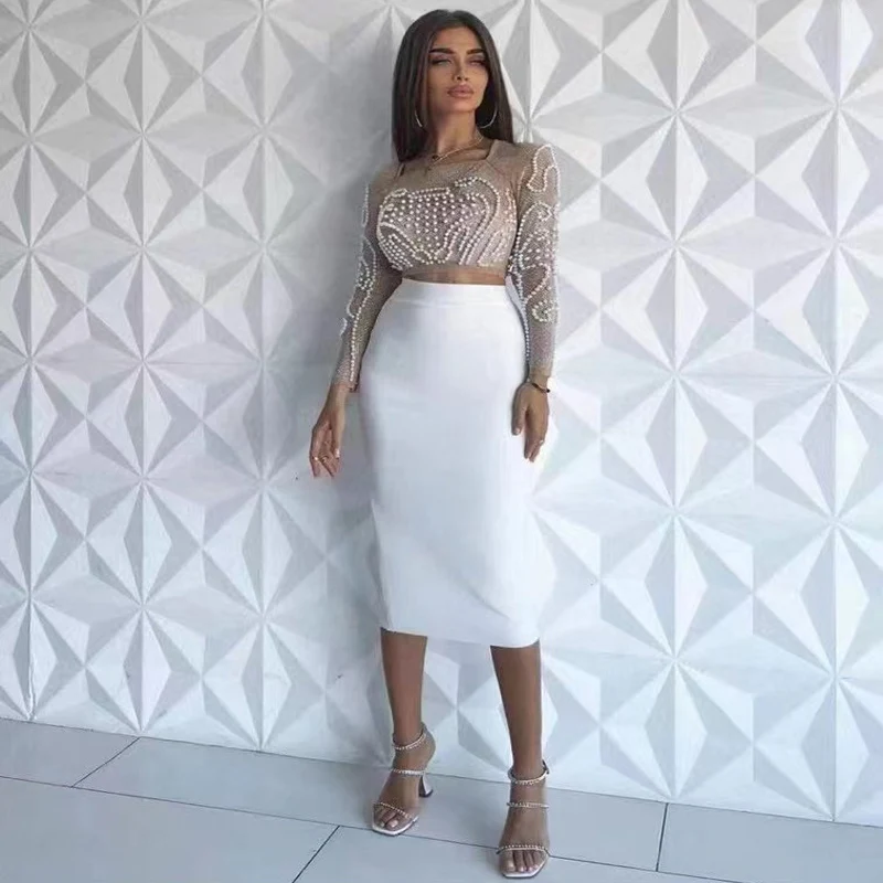 Free Shipping New White Black Mesh Long Sleeves Beading Top&bandage Skirt Fashion Mini Sexy Two-Piece Suit Celebrity Party Sets
