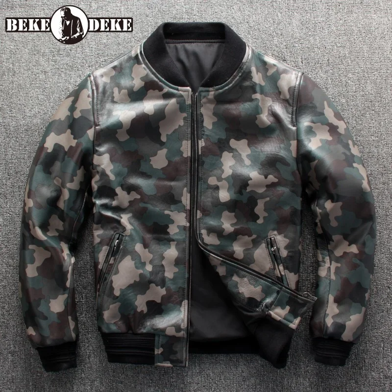 

Street 100% Real Leather Jacket Men Brand O-Neck Slim Camouflage Sheepskin Short Coat Fashion Army Green Work Military Outerwear