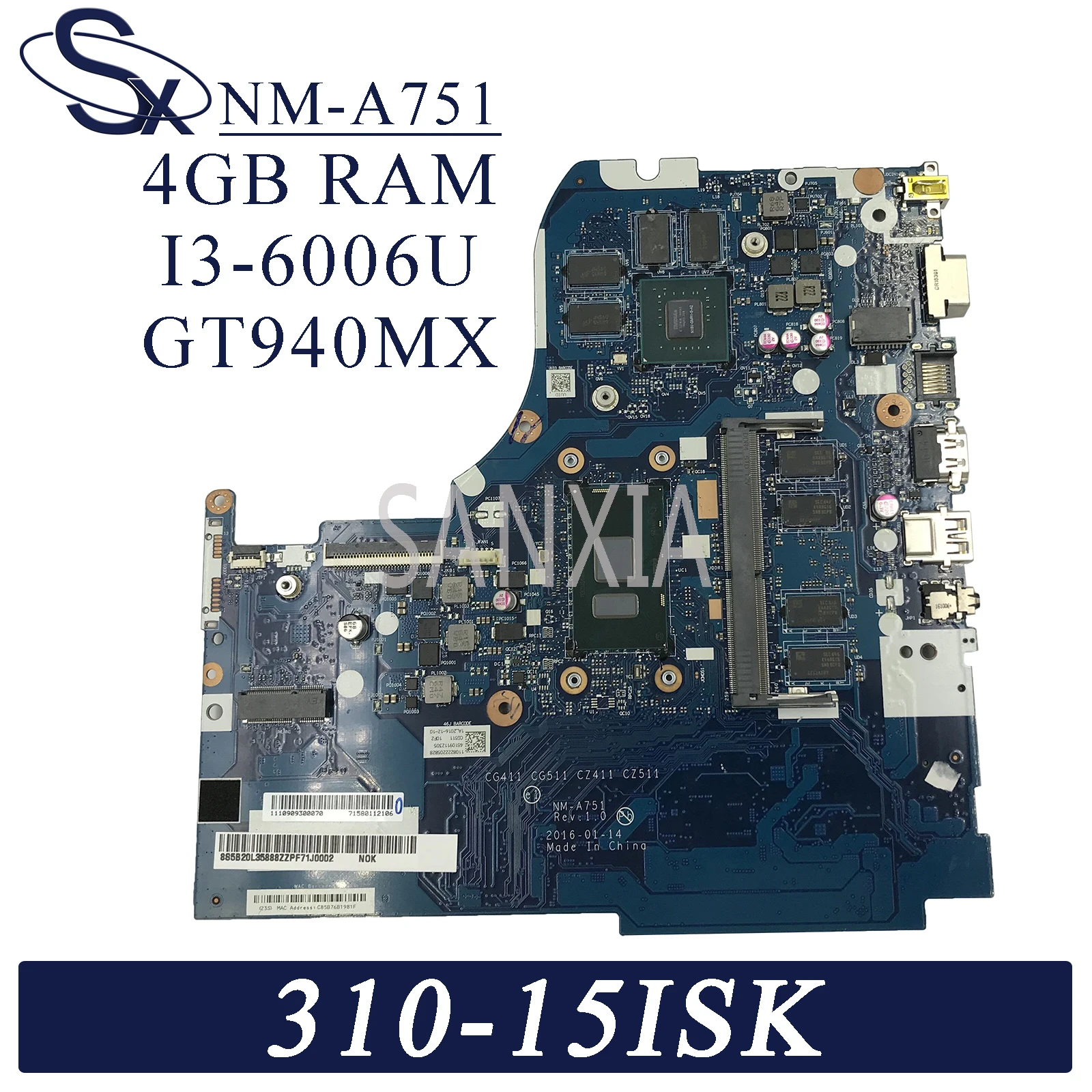 KEFU NM A751 материнская плата для ноутбука Lenovo 310 15ISK 15IKB оригинальная 4GB RAM I3 6006U GT940MX