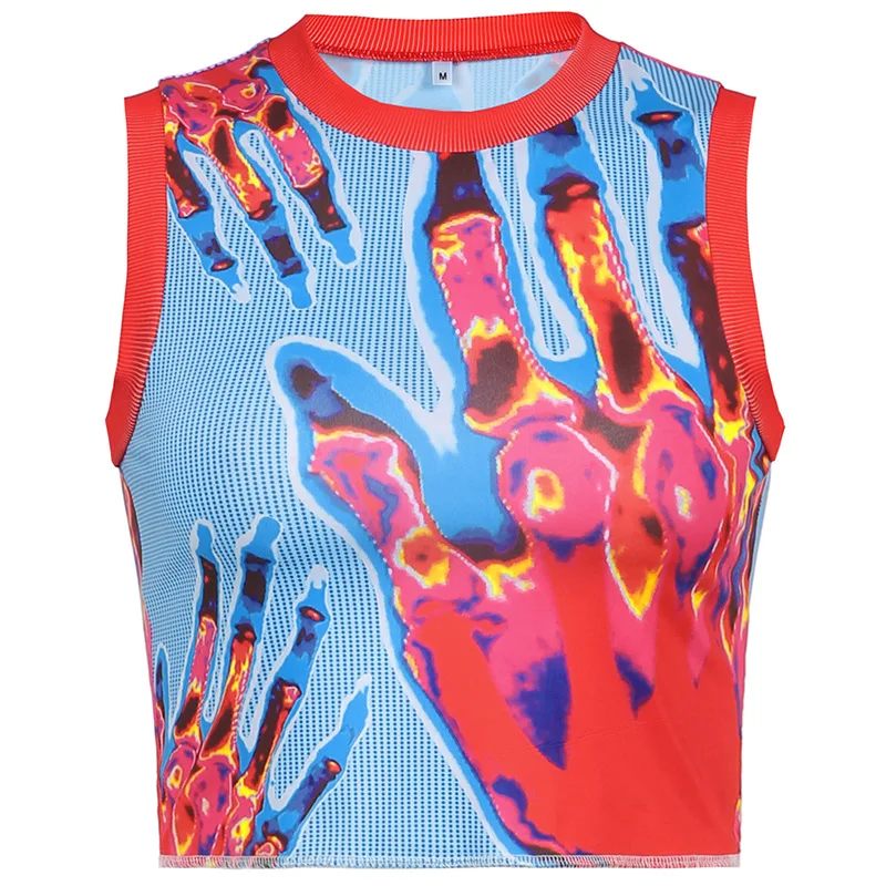 

Summer Printed Character Contrast Color Vest Round Collar Bone Collar Sleeveless Jacket That Show Hilum Of Cultivate