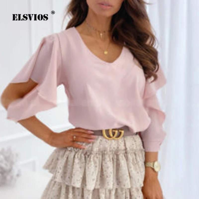 Женская шифоновая блузка с v образным вырезом и рукавом бабочкой на спине весна