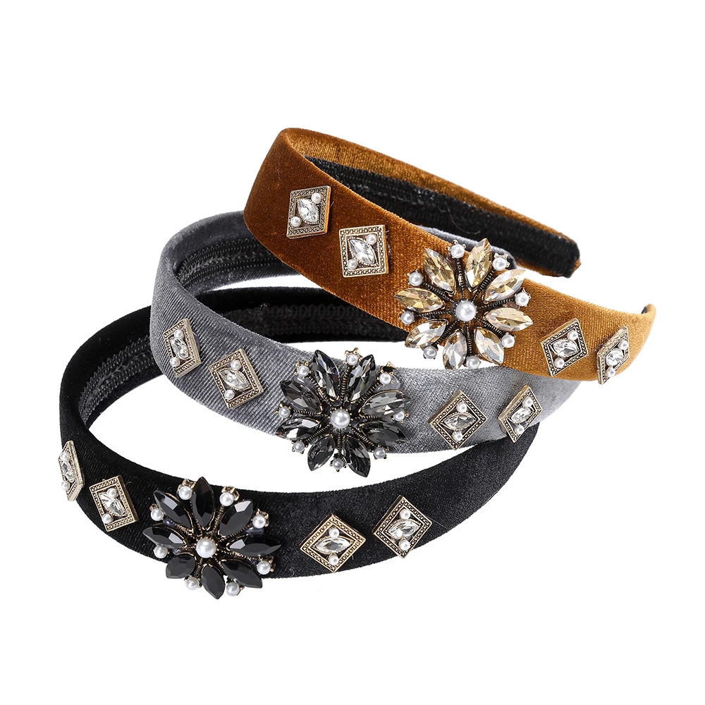 Черные бархатные ободки в стиле барокко с жемчужинами Ретро цветок Кристальные