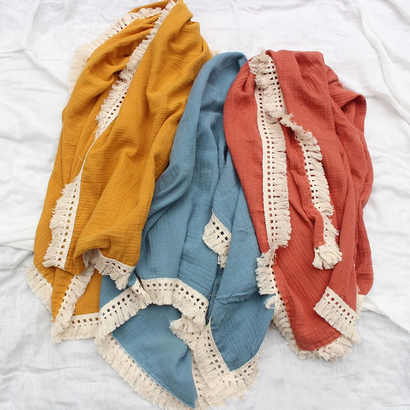 Organic Cotton Muslin Blanket Double Gauze Bath Towel Baby Tassel Blankets Newborn Big Diaper Swaddle Wrap Feeding Photo Props