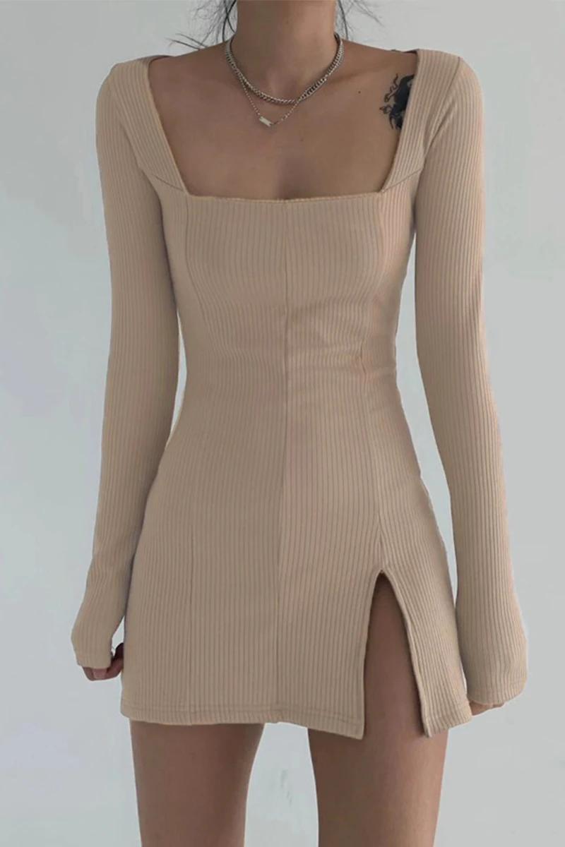 

Spring/Summer 2021 Split Sexy Tight Long-Sleeve French Retro Elegant Korean Fashion Square Collar One-Step Short Women's Dress