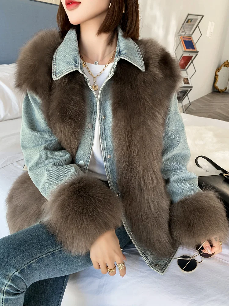 

2021 New Parka Real Natural Fox Fur Coat Winter Denim Jacket Women Single Breasted Warm Luxury Outerwear Streetwear Fashion