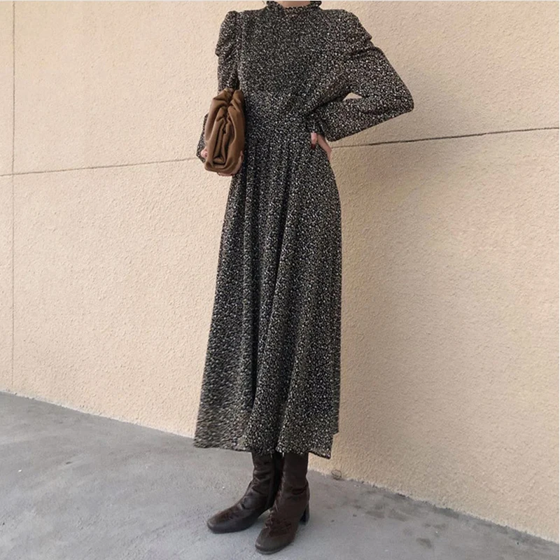 

Floral Print Summer Long Maxi Dress Women Stand Neck Puff Sleeve Chiffon Dress Vintage Party Dress Plus Size High Waist