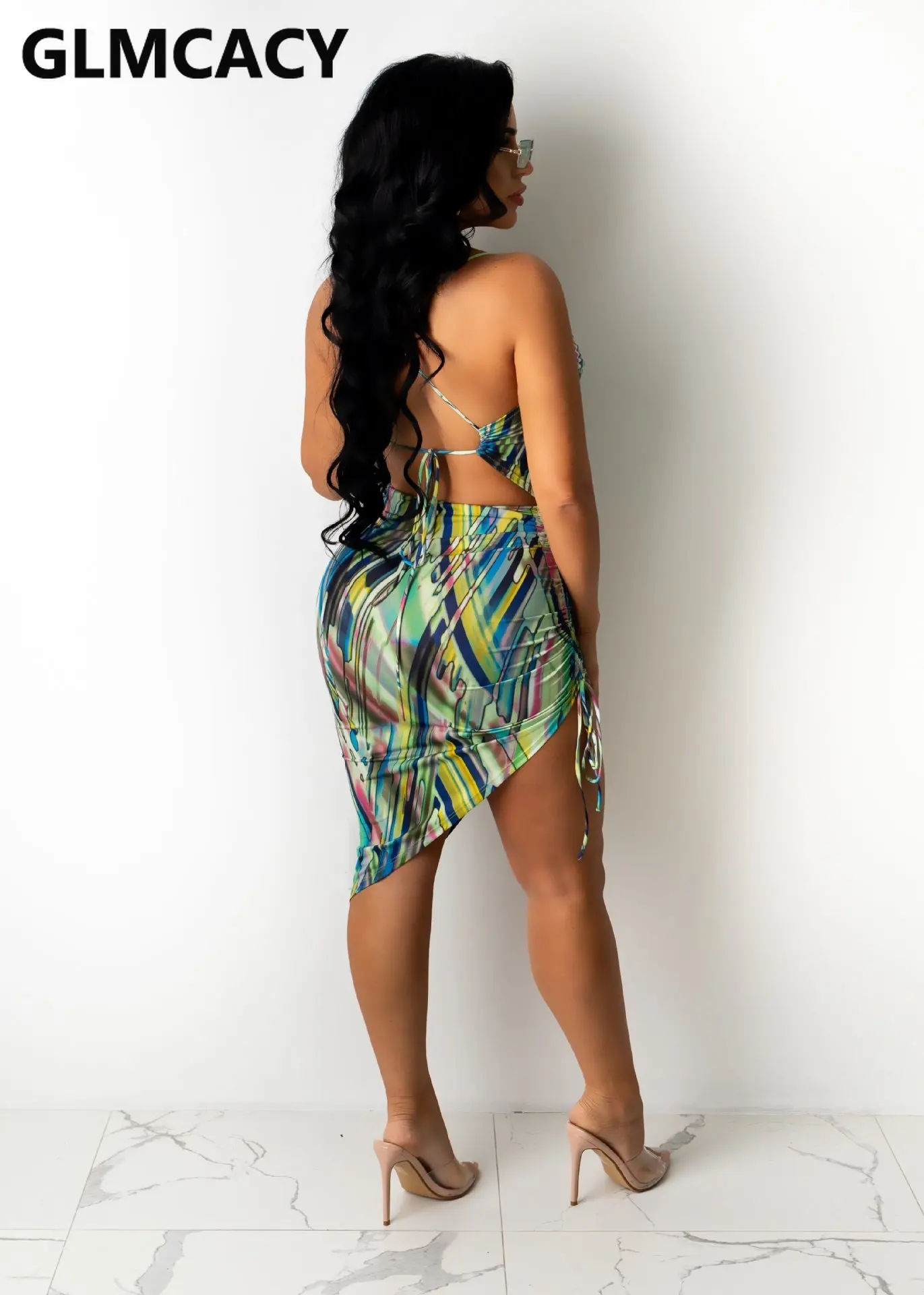 

Women Backless Printed Spaghetti Strap Slit Bodycon Mini Dress