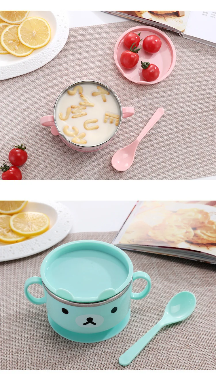 

Baby Bowl Tableware Learning Cartoon Bear with Cover Baby Stainless Steel Suction Cup Insulation Bowl Complementary Food