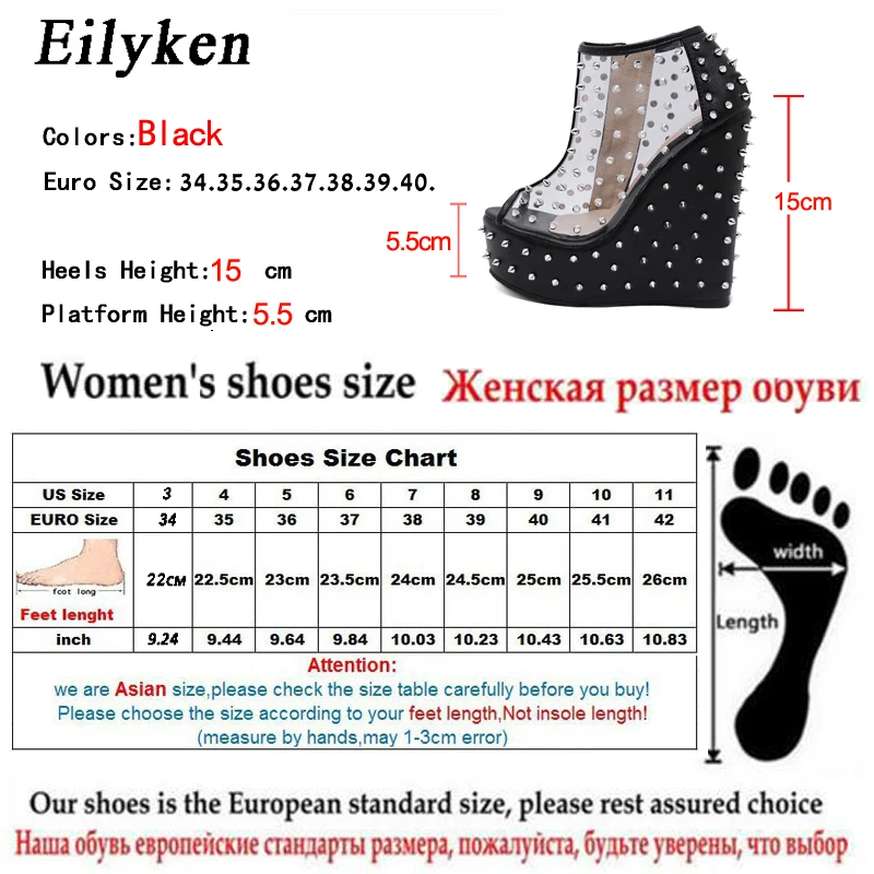 Eilyken/Модные женские босоножки; обувь на платформе; женские босоножки на танкетке с молнией и заклепками из прозрачного ПВХ; черные туфли с открытым носком на высоком каблуке
