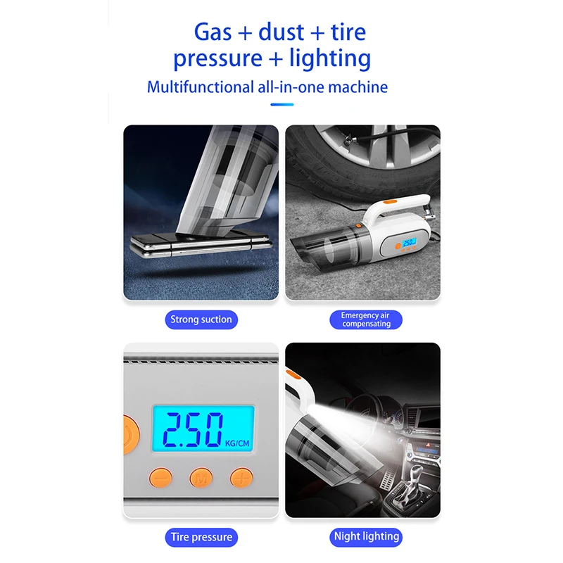 vender 4 Em 1 120w 12v Handheld Aspirador De Pó Com Luz Led Poderoso Aspirador Digital Pneu Inflator Portátil Bomba Ar Elétrica