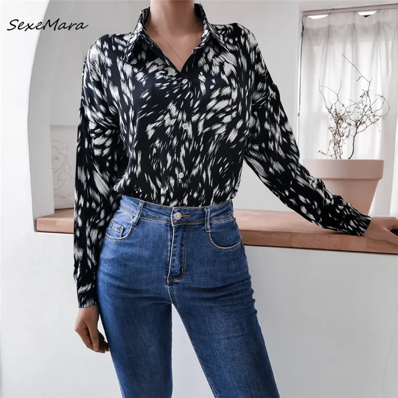 

Office Lady Print Loose Shirts 2021 Spring Elegant Casual Single Breasted Blouses for Women