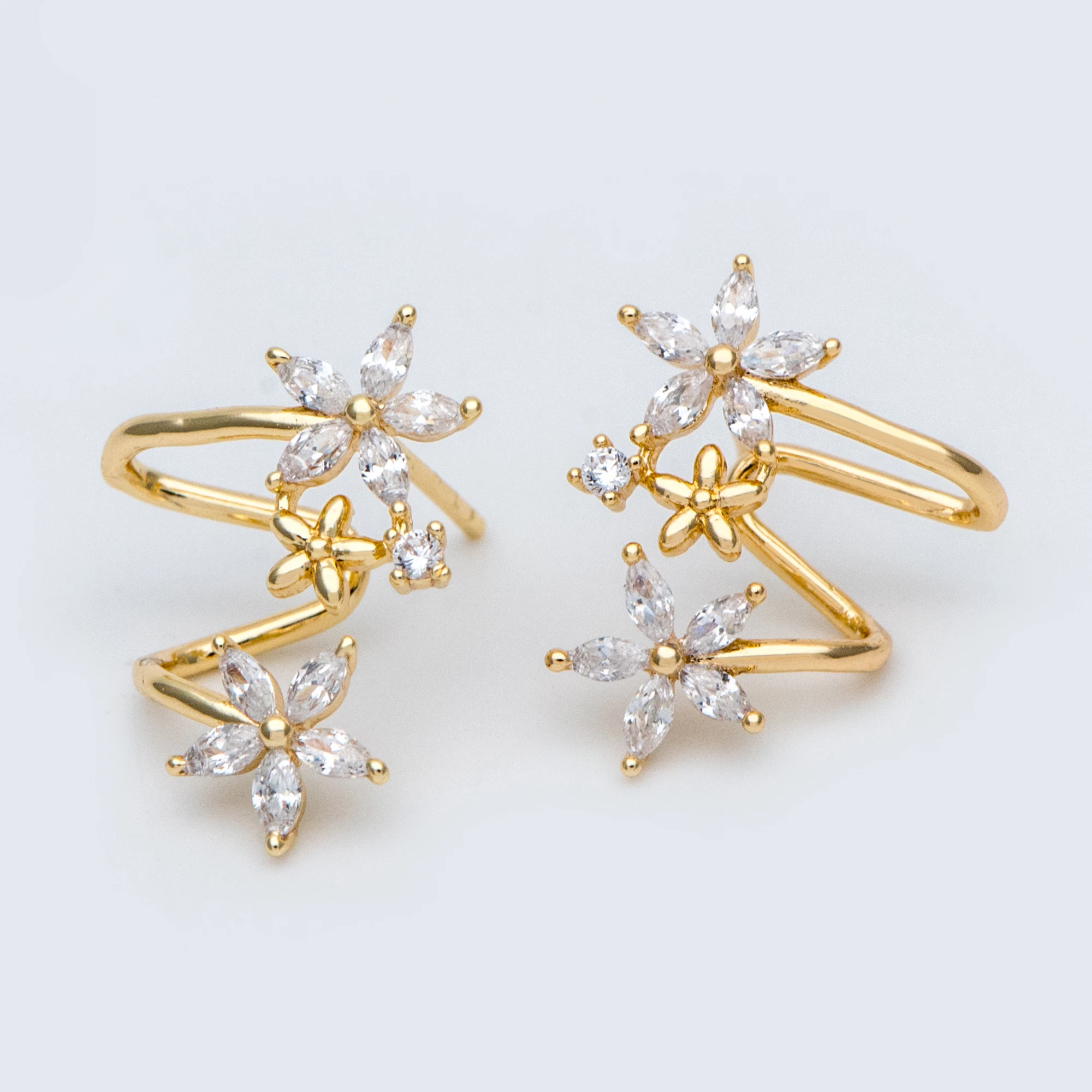 

4pcs CZ Paved Gold Plate Brass Flower Ear Cuff Studs Climbers Floral Crawlers Wrap Statement Earrings (#GB-773)
