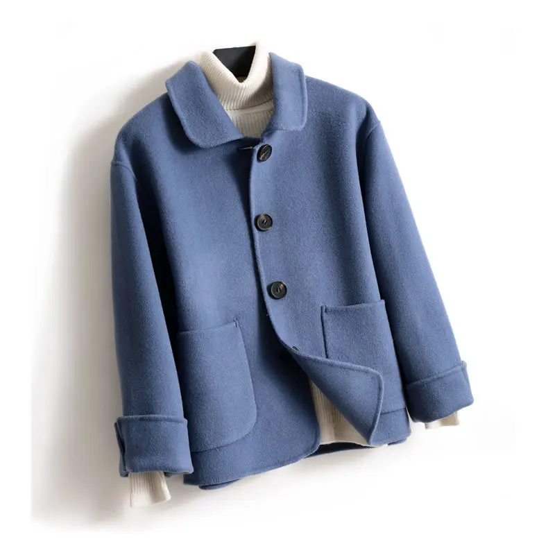 navy blue Осенне-зимнее кашемировое Женское пальто повседневное шерстяное пальто женская элегантная однобортная короткая верхняя одежда Casaco Feminino - Цвет: navy blue