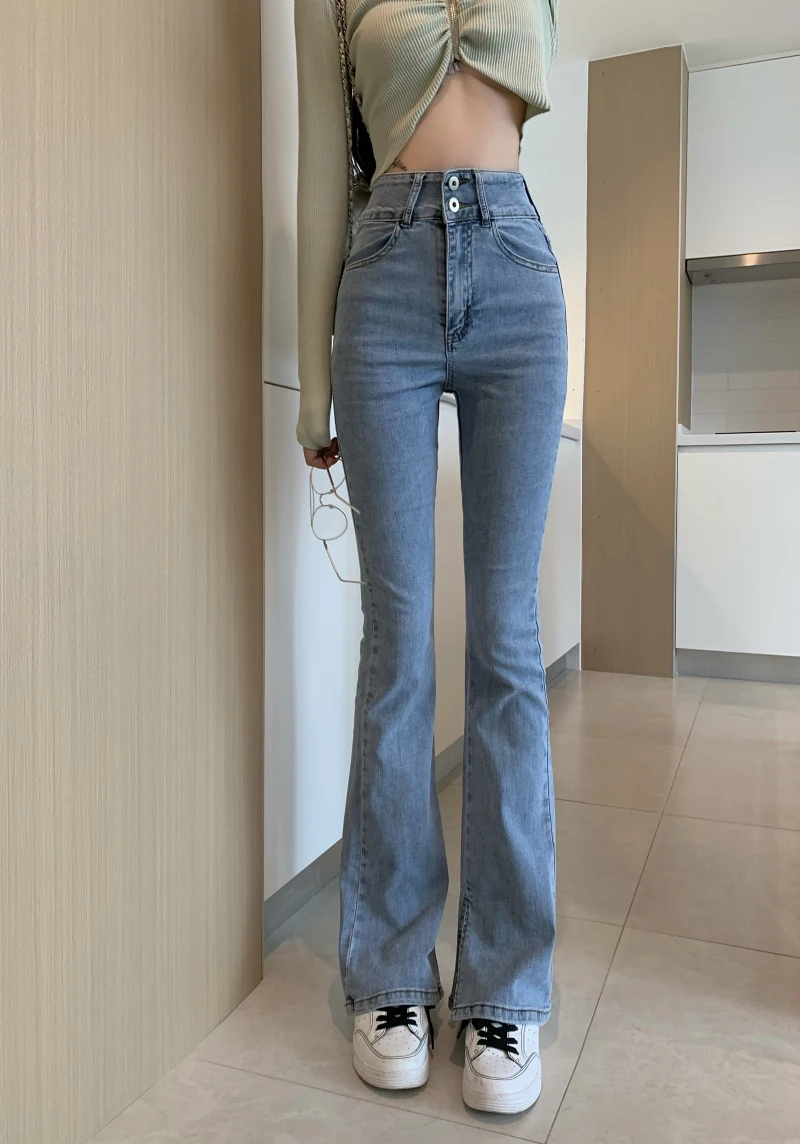 

DD0290 New retro lace-up trousers split high waist wide-leg mopping trousers skinny pants jeans