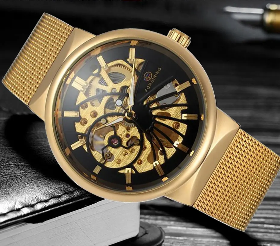 Forsining Transparent Case 2019 Fashion 3D Logo Engraving Golden Stainless Steel Men Mechanical Watch Top Brand Luxury Skeleton | Наручные