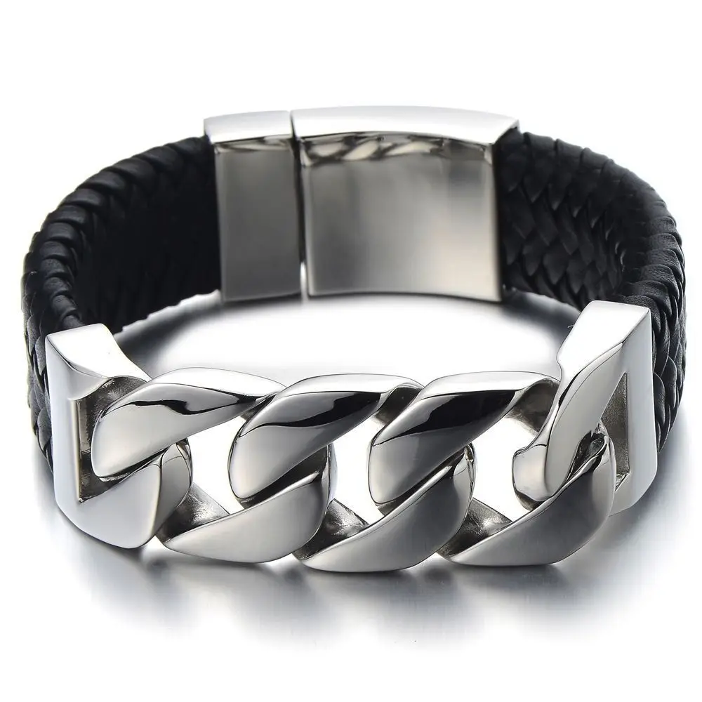 

24mm Wide Stainless Steel Silver Color Gold Tone Cuban Curb Link Chain Genuine Leather Wristband Men's Bracelet Jewelry 9inch