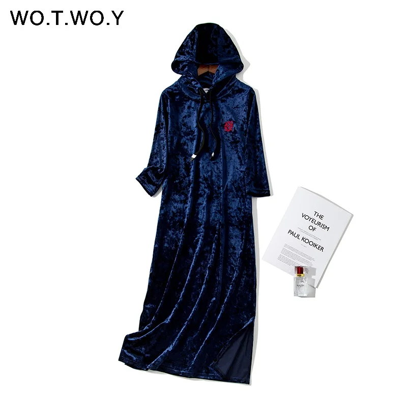 8251Blue WOTWOY осеннее бархатное женское Макси-Платье с цветочной вышивкой и лентой, коллекция, уличная одежда, плотные женские толстовки с капюшоном, одежда для женщин - Color: 8251Blue
