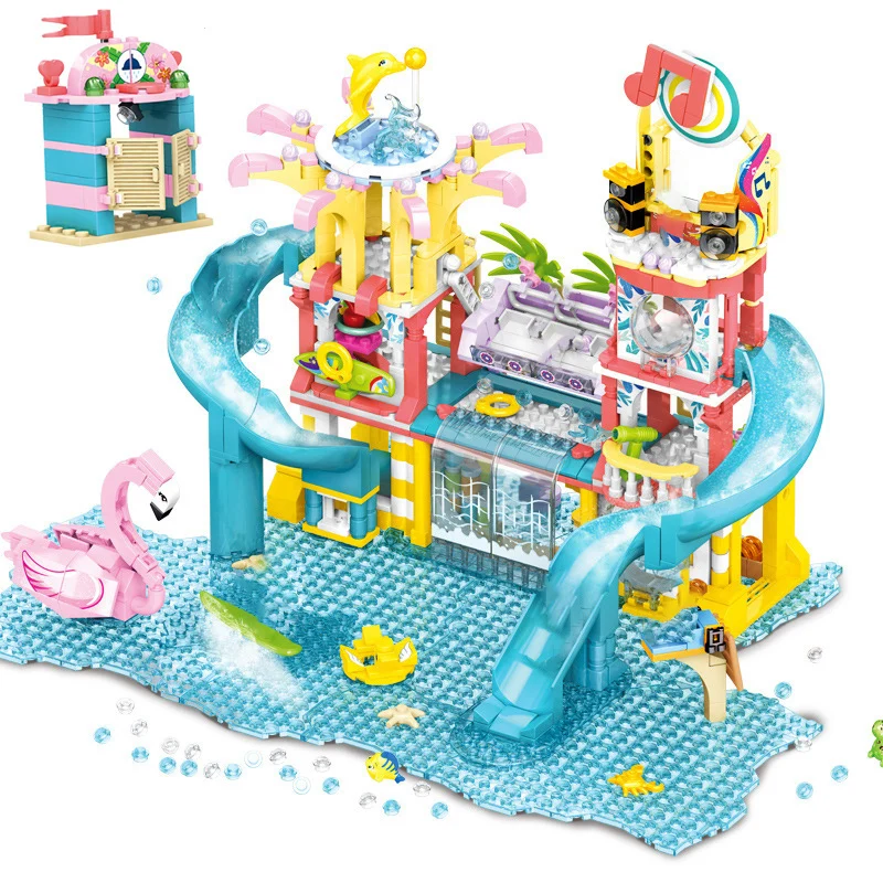 

Набор строительных блоков для девочек, Пляжная вилла, вечеринка, аквапарк, «сделай сам», дом для друзей, кемпинг, автомобиль, кирпичи, игрушк...