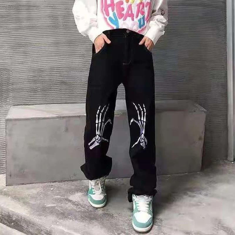 

Джинсы с ручной вышивкой черепа для мужчин и женщин, свободные прямые повседневные рваные джинсовые брюки в стиле хип-хоп, мешковатые джинс...