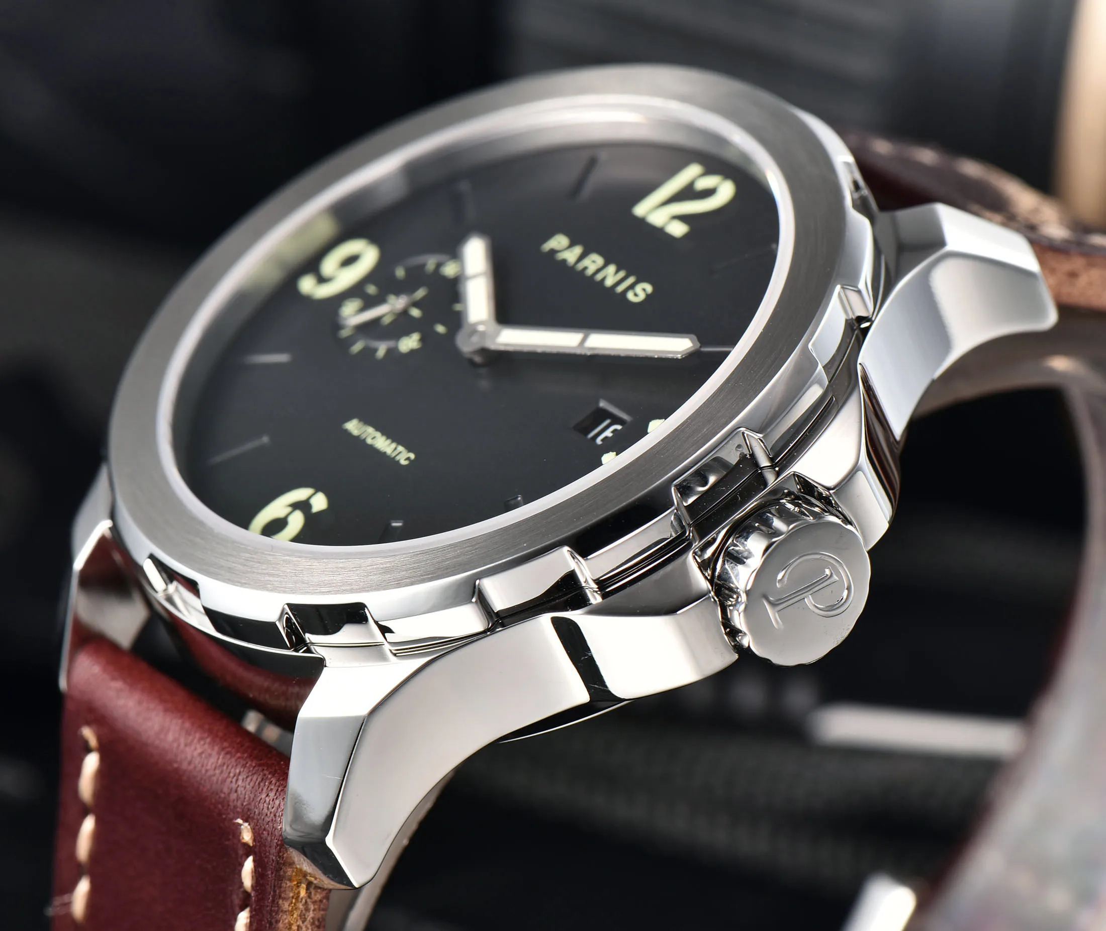 Мужские автоматические механические часы с календарем и кожаным ремешком 44 мм |