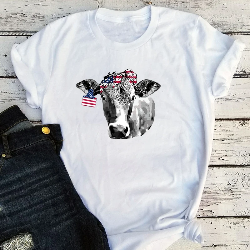 

Cow Bandana Shirt Heifer Cow USA Clothes Women Plus Size American Flag Patriotic Tee 4th of July Shirt Women Sexy Tops Red